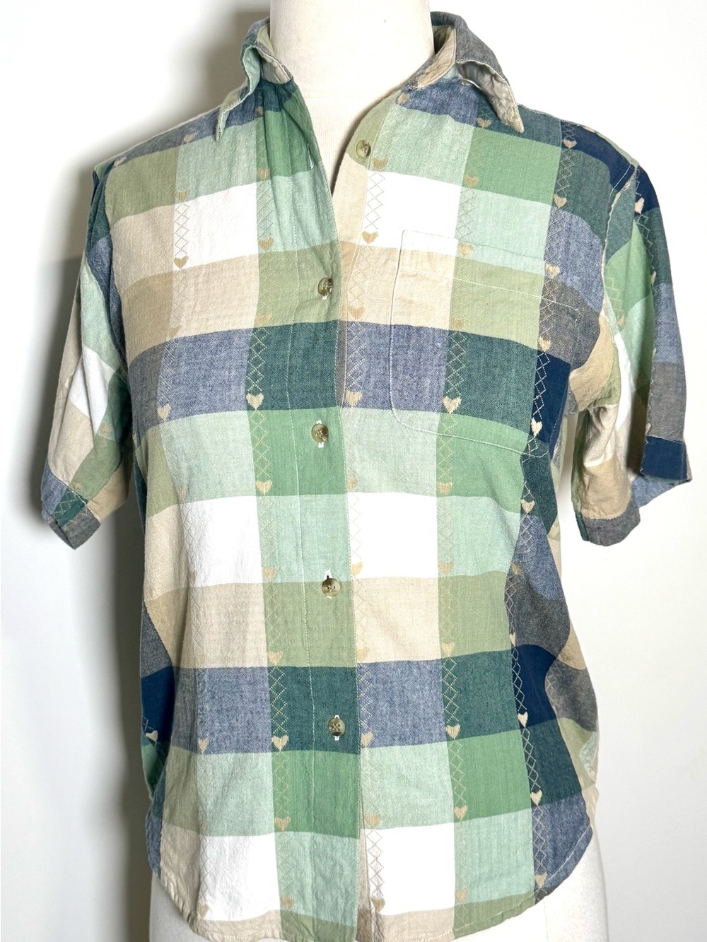 90s Company One Petites PS Plaid Heart Embroidery Short Sleeve Button Down Shirt